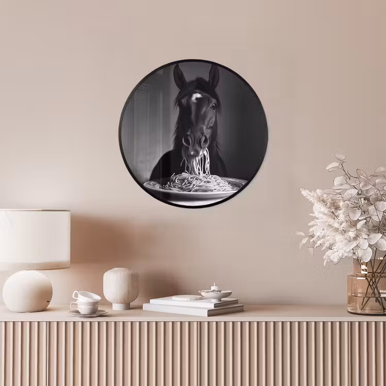 Ronde fotolijst - Paard - Bord - Pasta - Tafelkleed - Zwart Wit - Dieren — 5