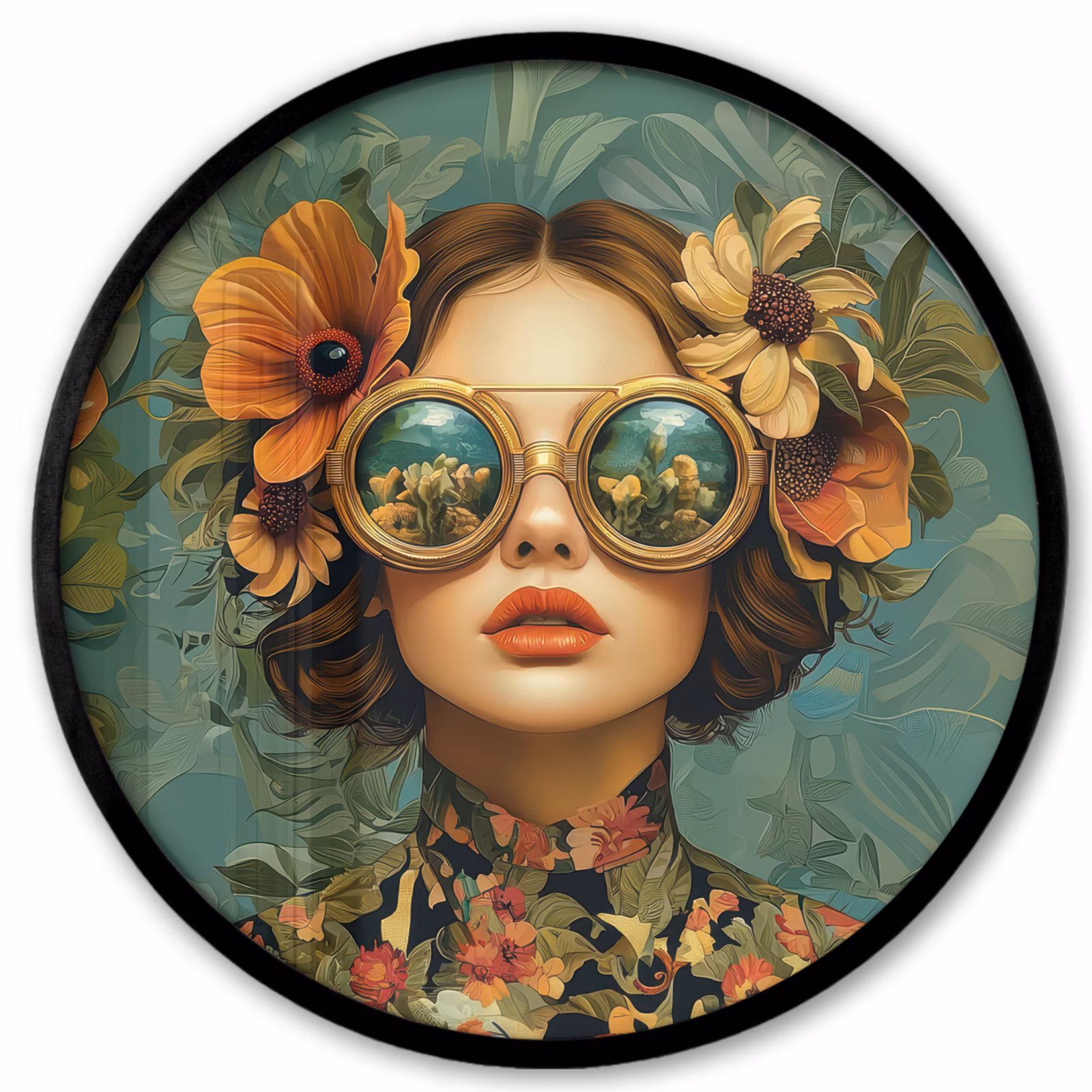 Ronde fotolijst - Vrouw - Bloemen - Vlinders - Natuur - Vintage — 1