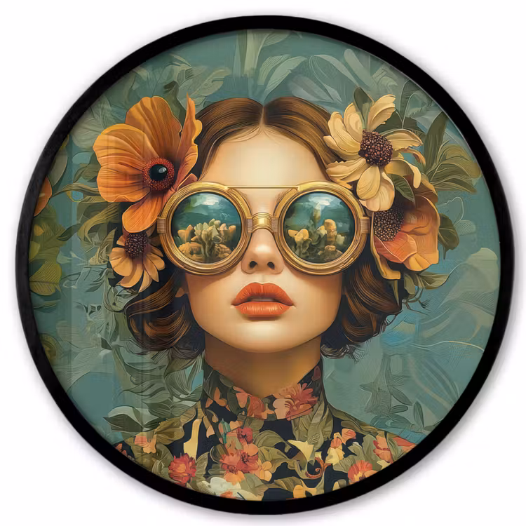 Ronde fotolijst - Vrouw - Bloemen - Vlinders - Natuur - Vintage — 1