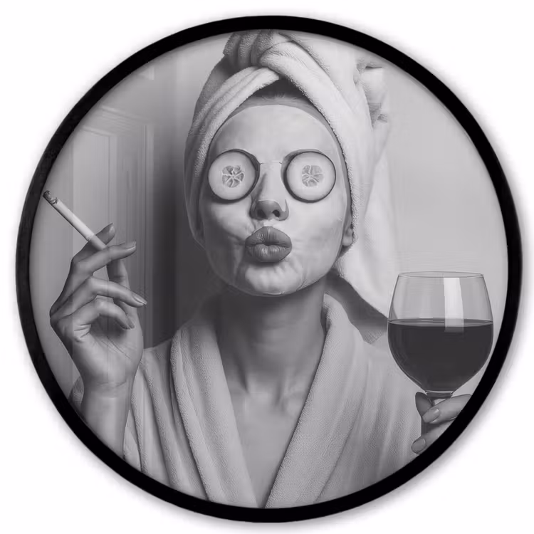 Ronde fotolijst - Vrouw - Masker - Wijn - Sigaret — 1