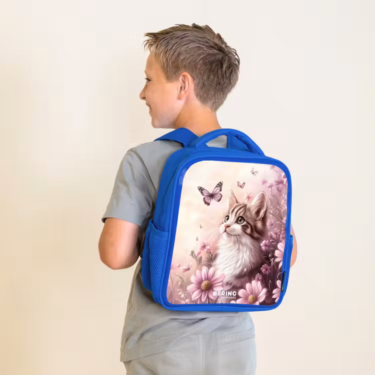 Rugzak kind met naam - Blauw Kat - Paars - Vlinders - Bloemen — 3