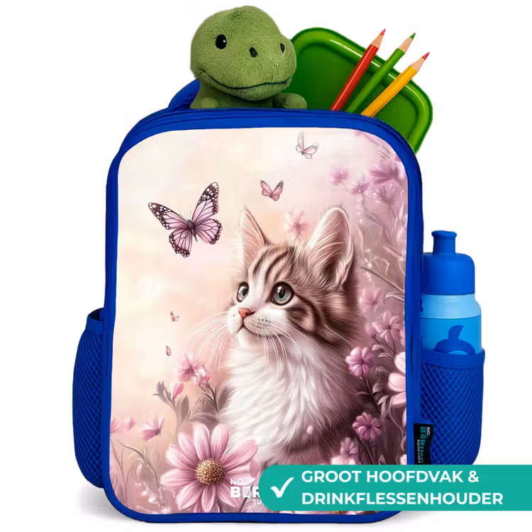 Rugzak kind met naam - Blauw Kat - Paars - Vlinders - Bloemen — 6