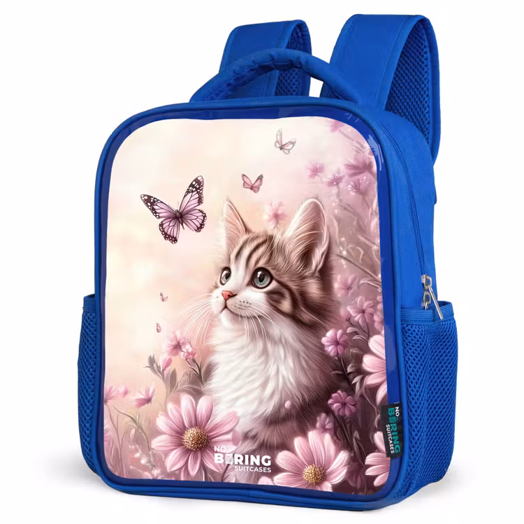 Rugzak kind met naam - Blauw Kat - Paars - Vlinders - Bloemen — 7