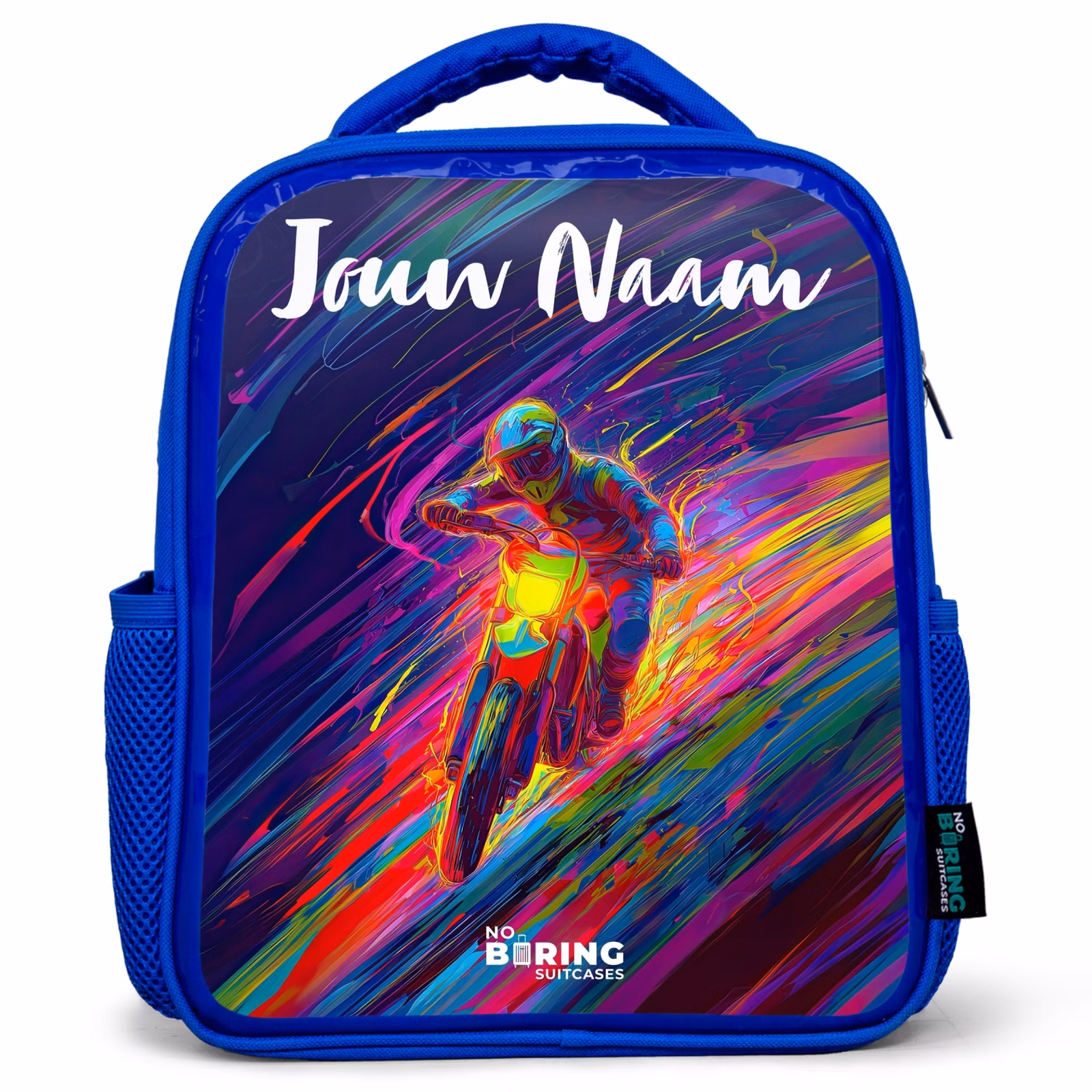 Rugzak kind met naam - Blauw Crossmotor - Neonkleuren - Lijnen - Helm — 1