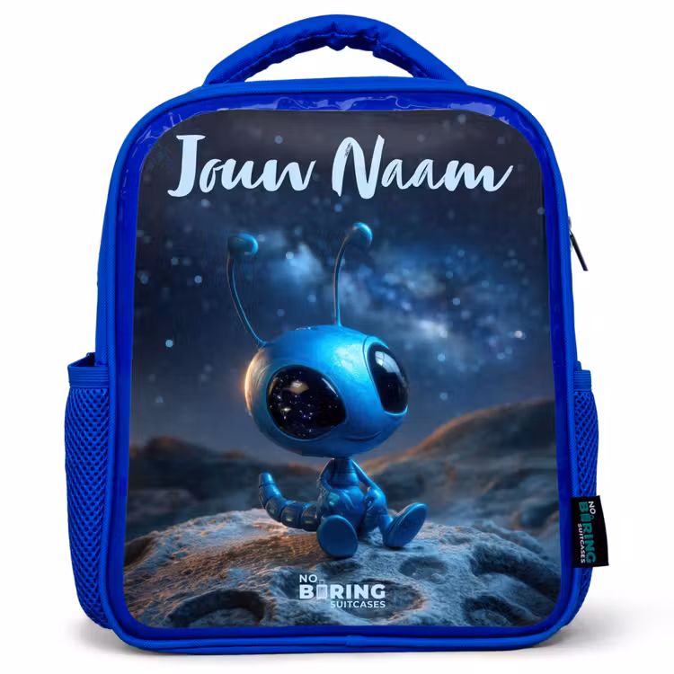 Rugzak kind met naam - Blauw Blauw buitenaards wezentje onder sterrenhemel — 1