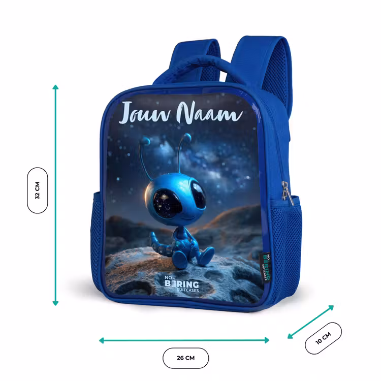 Rugzak kind met naam - Blauw Blauw buitenaards wezentje onder sterrenhemel — 5