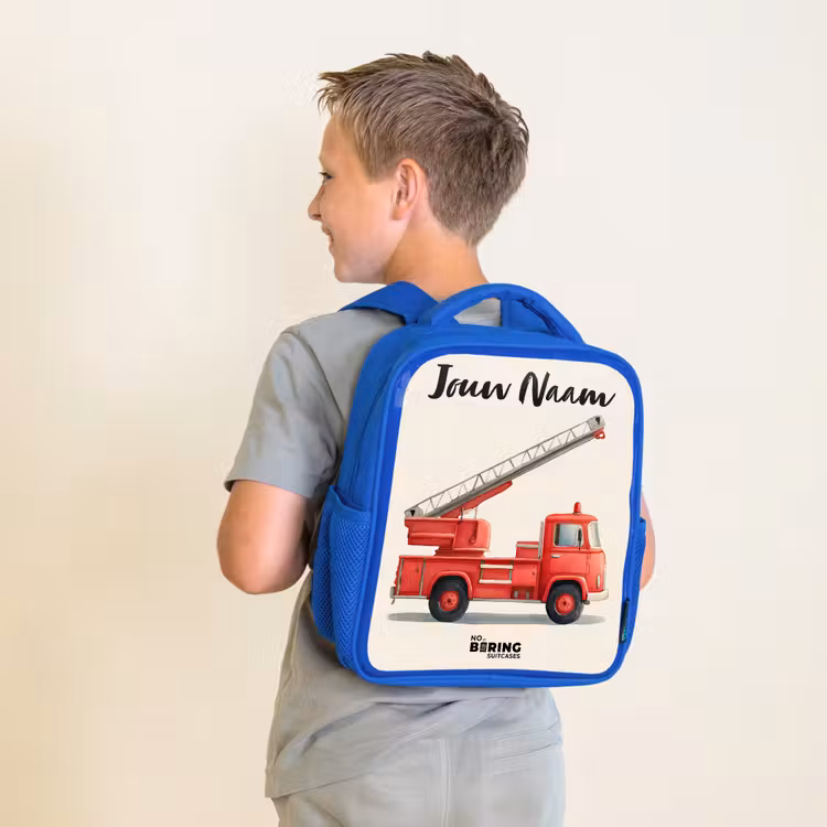 Rugzak kind met naam - Blauw Brandweerwagen - Getekend - Rood — 3