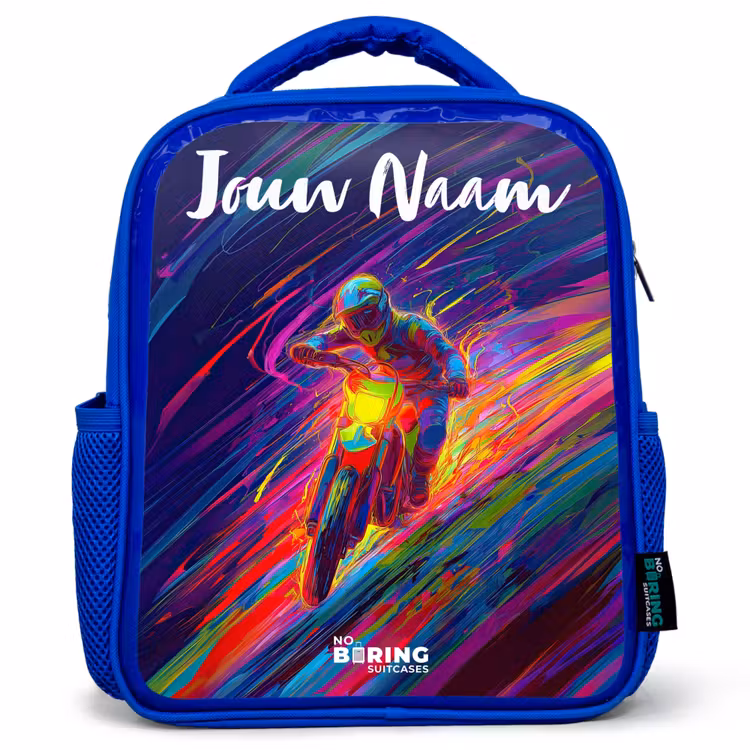 Rugzak kind met naam - Blauw Crossmotor - Neonkleuren - Lijnen - Helm — 1
