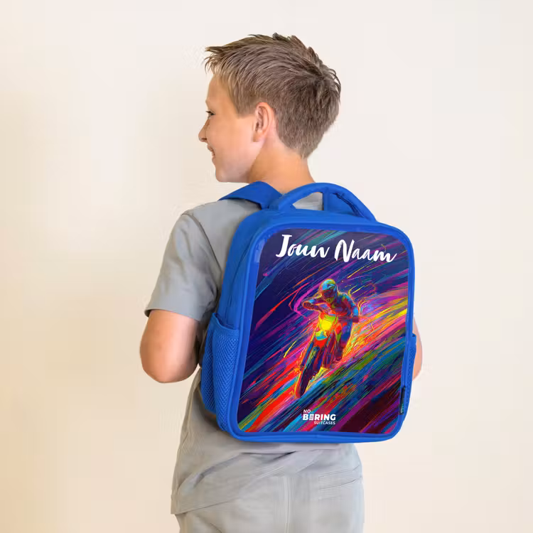 Rugzak kind met naam - Blauw Crossmotor - Neonkleuren - Lijnen - Helm — 3