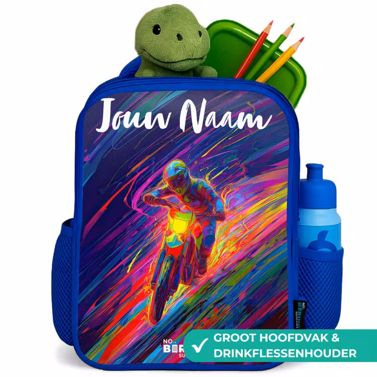 Rugzak kind met naam - Blauw Crossmotor - Neonkleuren - Lijnen - Helm — 6
