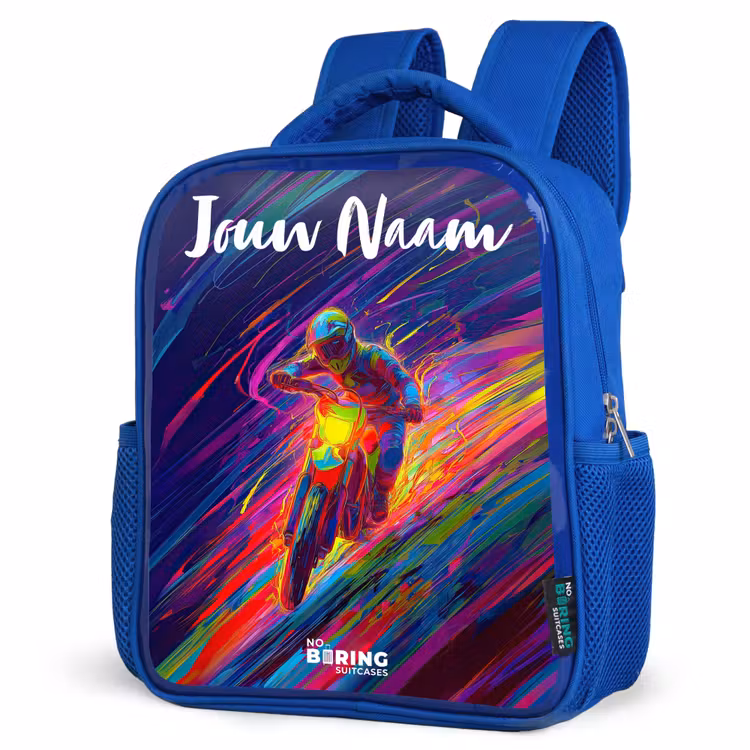 Rugzak kind met naam - Blauw Crossmotor - Neonkleuren - Lijnen - Helm — 7