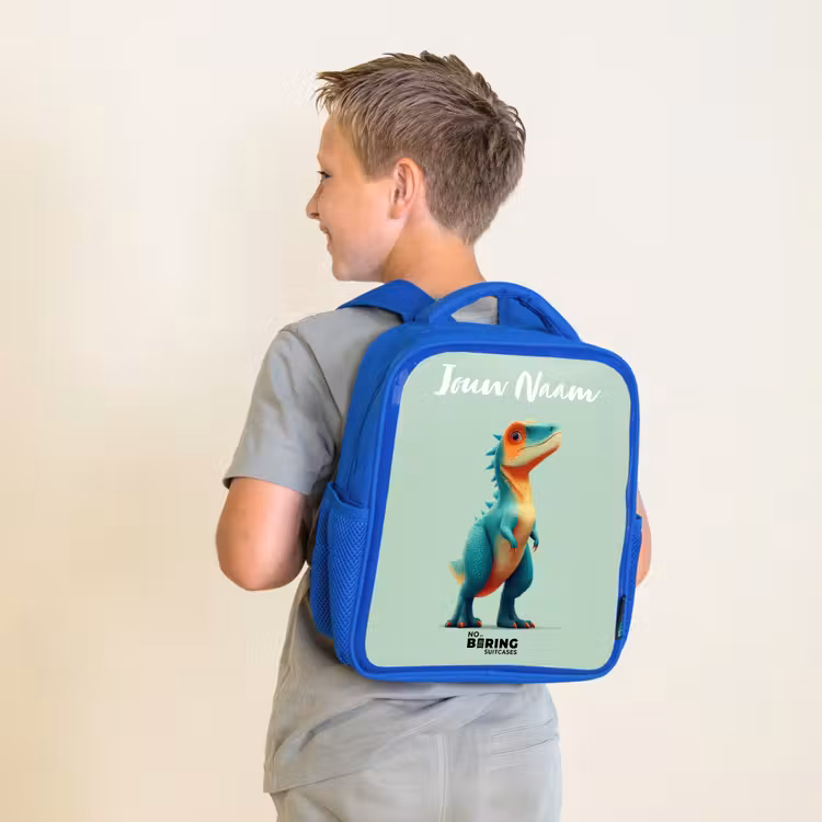 Rugzak kind met naam - Blauw Dino - Dier - Groen - Oranje — 3