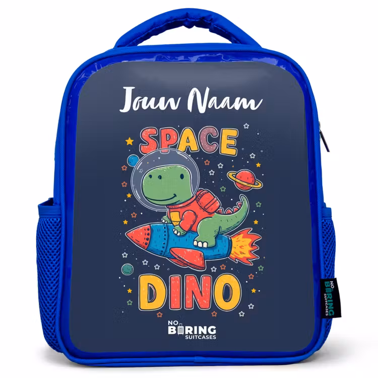 Rugzak kind met naam - Blauw Dinosaurus - Groen - Raket - Sterrenhemel — 1