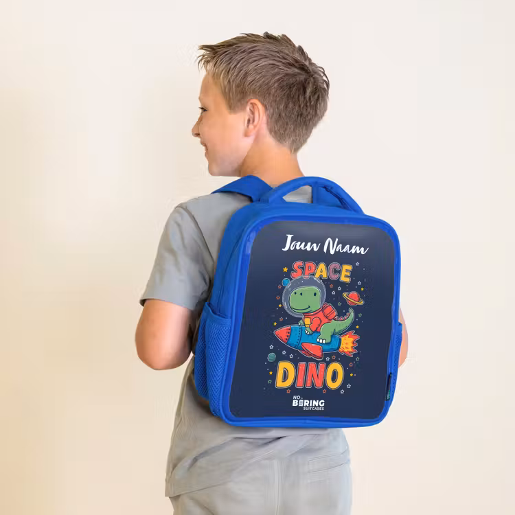 Rugzak kind met naam - Blauw Dinosaurus - Groen - Raket - Sterrenhemel — 3