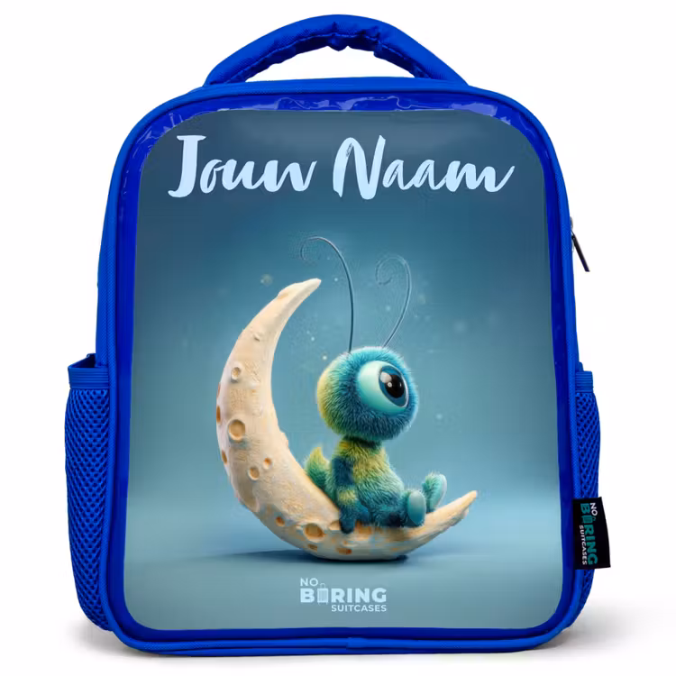 Rugzak kind met naam - Blauw Dromerig Wezentje op de Maan — 1