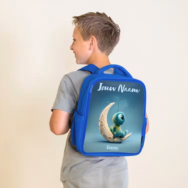 Rugzak kind met naam - Blauw Dromerig Wezentje op de Maan — 3