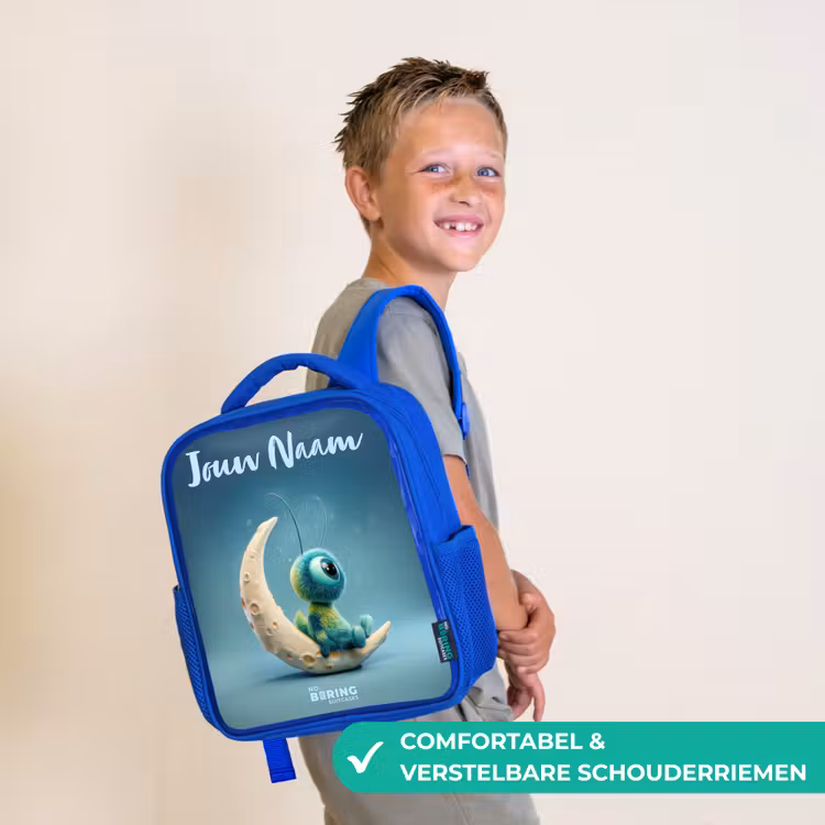Rugzak kind met naam - Blauw Dromerig Wezentje op de Maan — 4