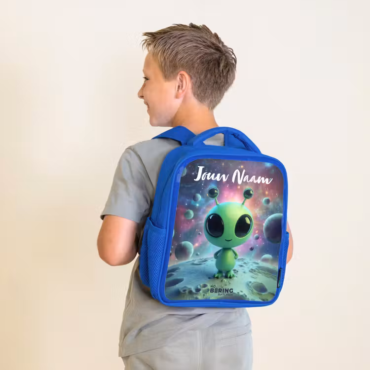 Rugzak kind met naam - Blauw Groen buitenaards wezentje op maanlandschap — 3