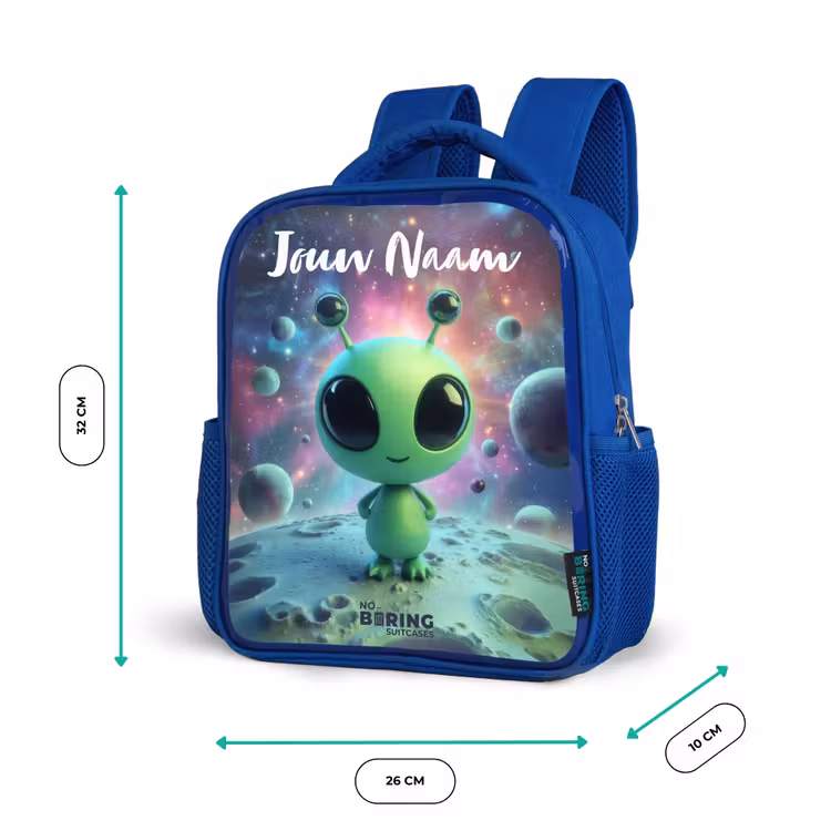 Rugzak kind met naam - Blauw Groen buitenaards wezentje op maanlandschap — 5