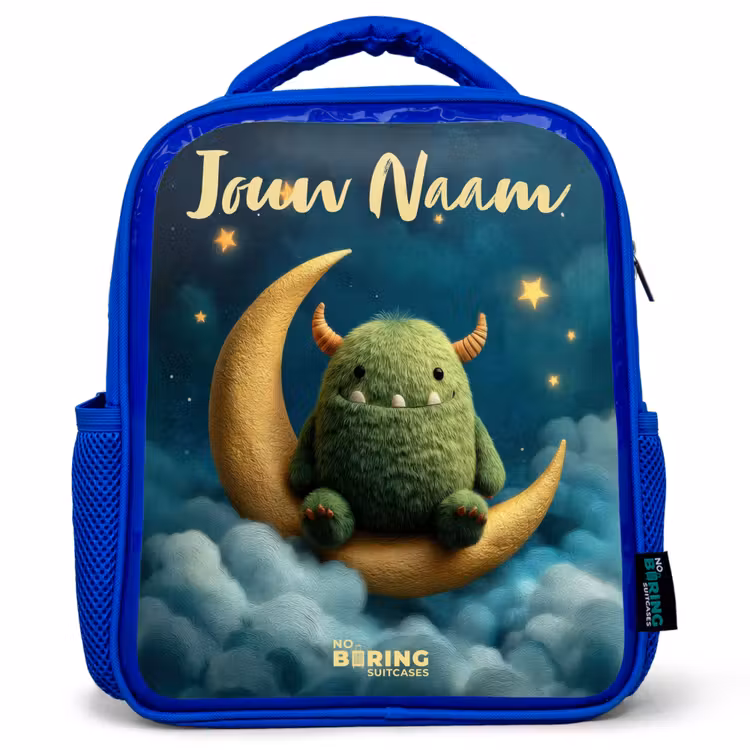 Rugzak kind met naam - Blauw Groen monster op maansikkel — 1