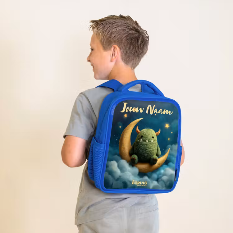 Rugzak kind met naam - Blauw Groen monster op maansikkel — 3