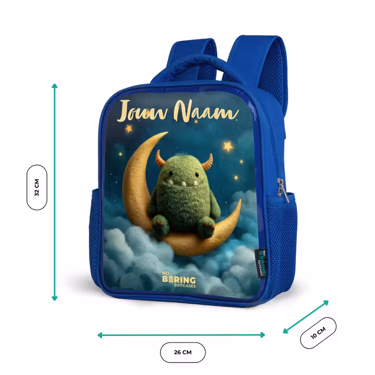 Rugzak kind met naam - Blauw Groen monster op maansikkel — 5