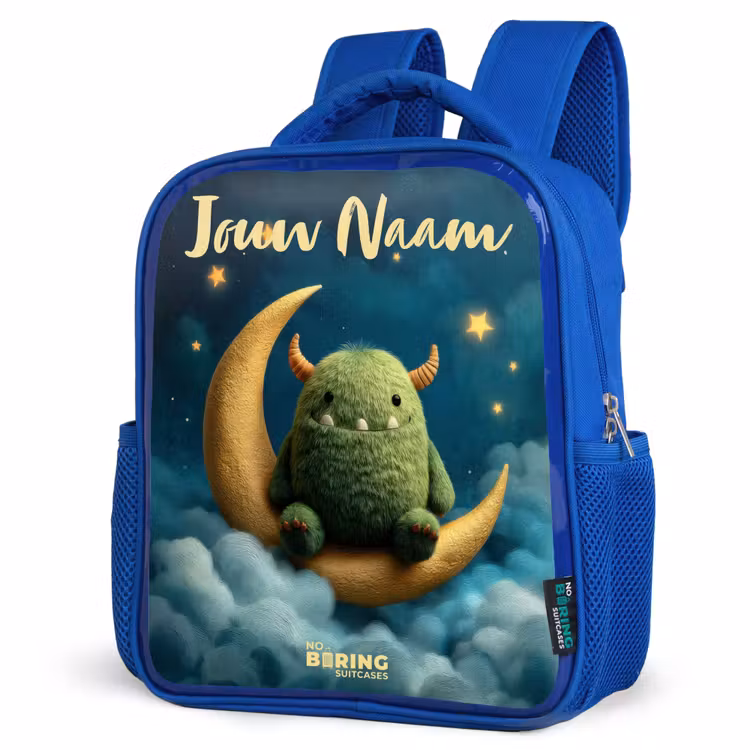 Rugzak kind met naam - Blauw Groen monster op maansikkel — 7