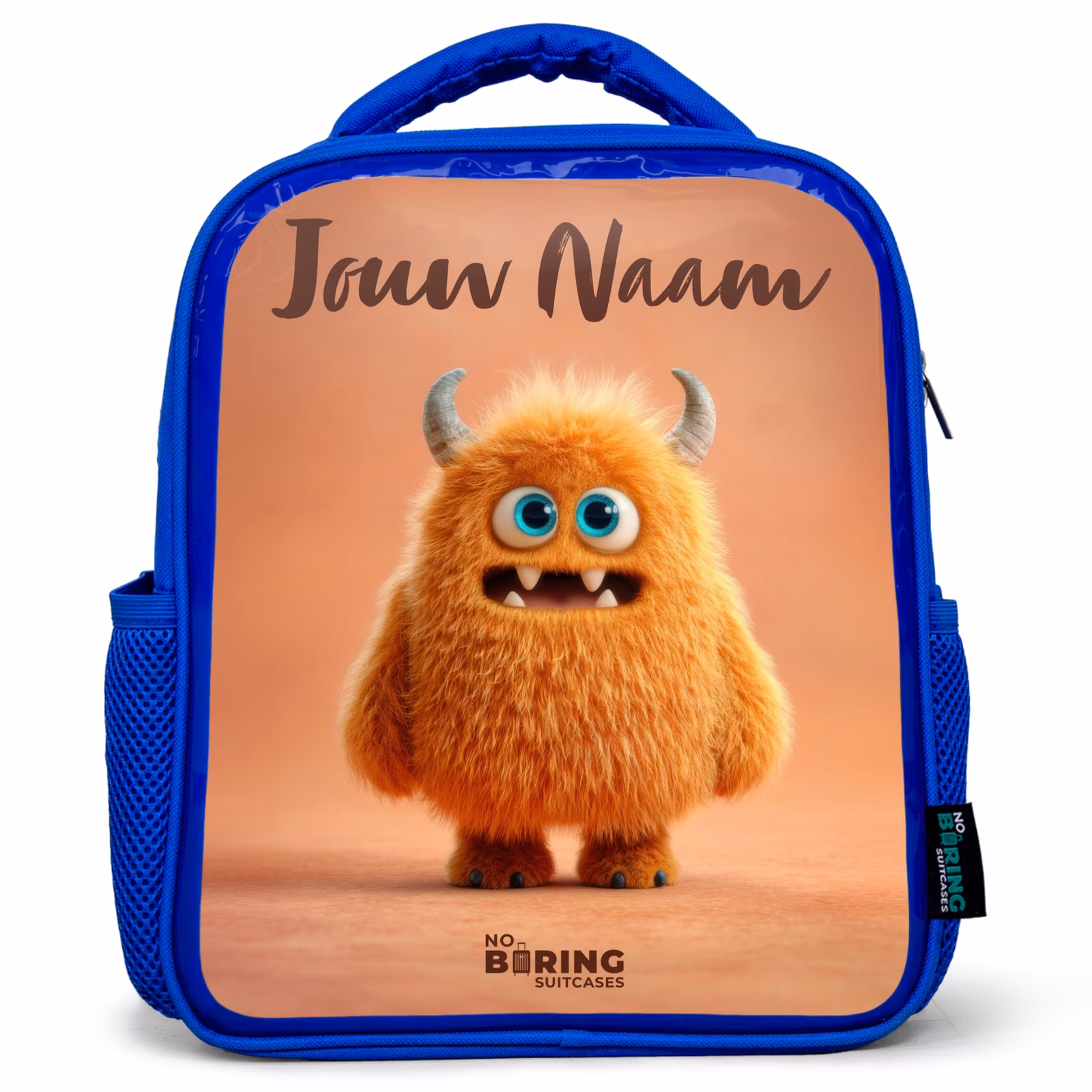 Rugzak kind met naam - Blauw Oranje Pluizig Monster met Hoorns — 1