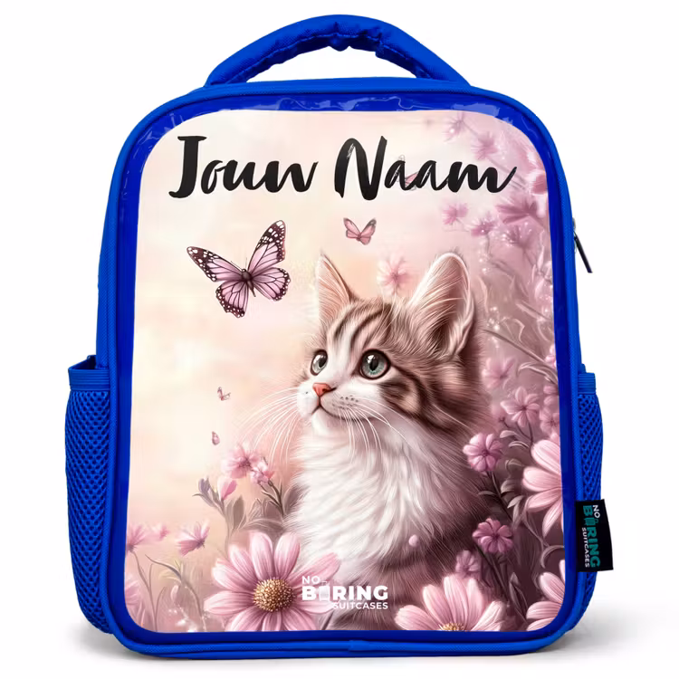 Rugzak kind met naam - Blauw Kitten - Vlinders - Paars - Bloemen — 1
