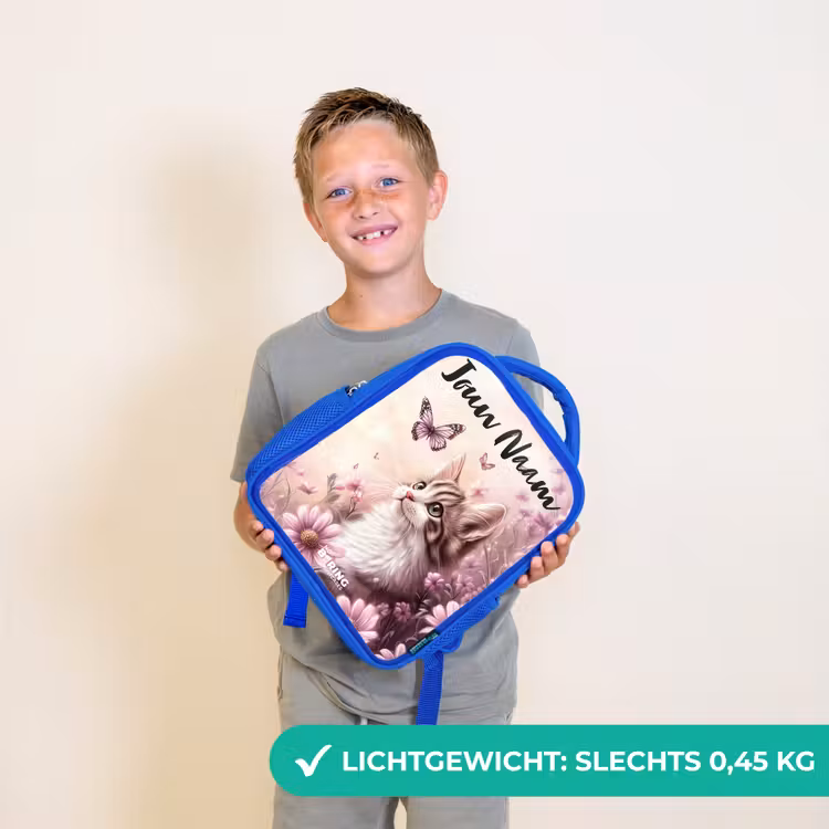 Rugzak kind met naam - Blauw Kitten - Vlinders - Paars - Bloemen — 2