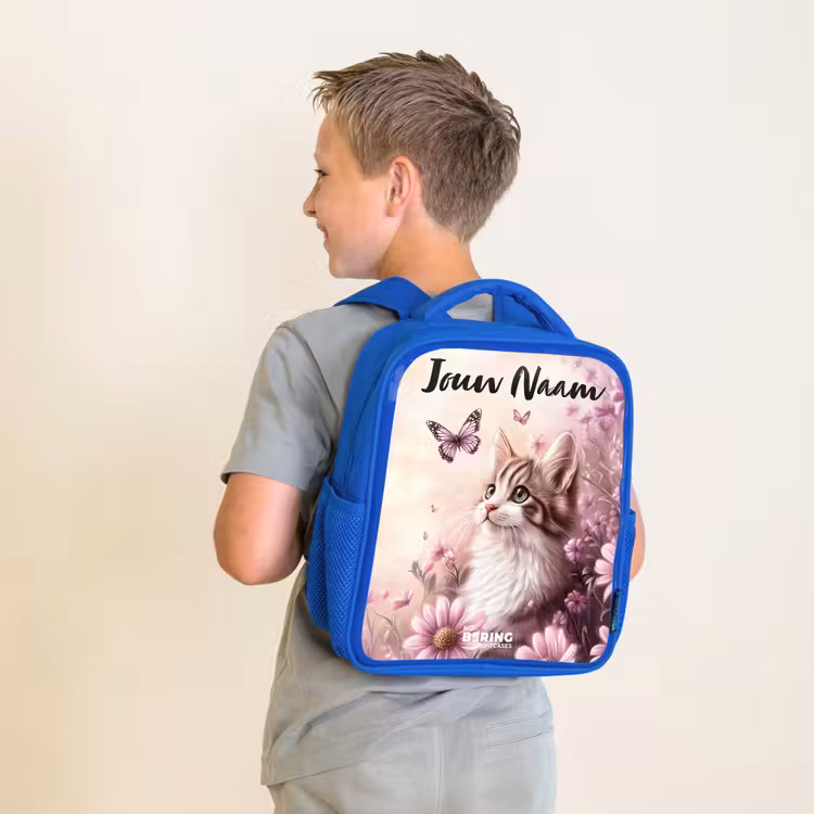 Rugzak kind met naam - Blauw Kitten - Vlinders - Paars - Bloemen — 3
