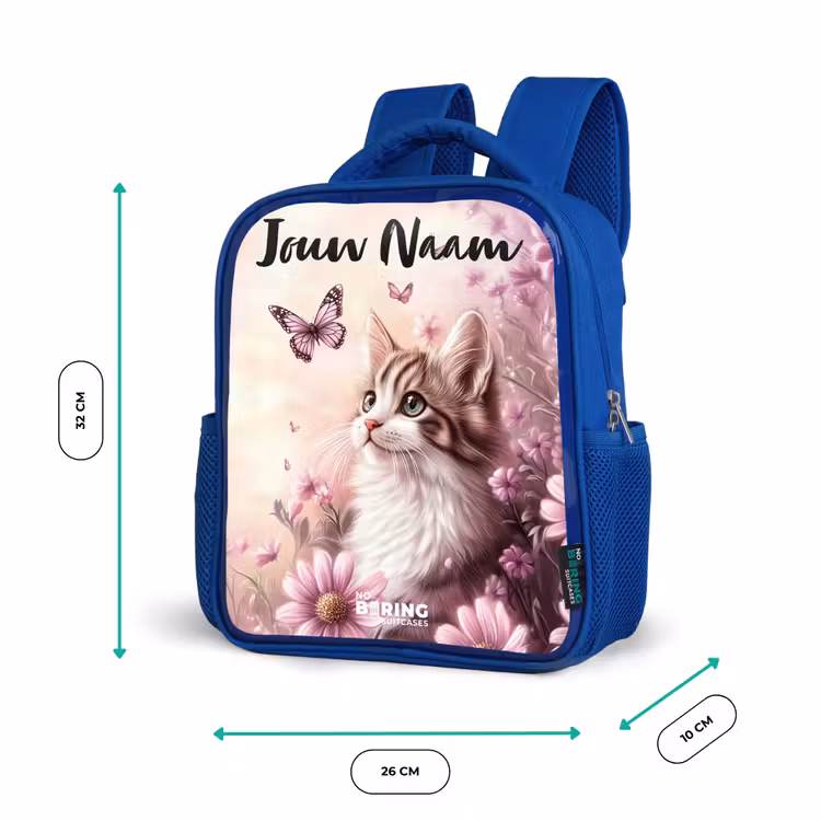 Rugzak kind met naam - Blauw Kitten - Vlinders - Paars - Bloemen — 5