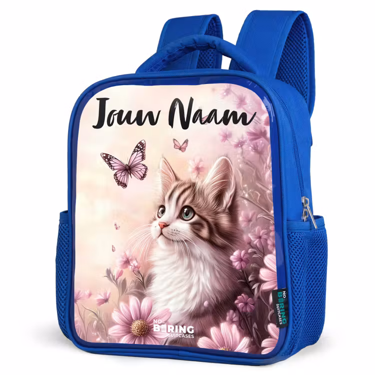 Rugzak kind met naam - Blauw Kitten - Vlinders - Paars - Bloemen — 7