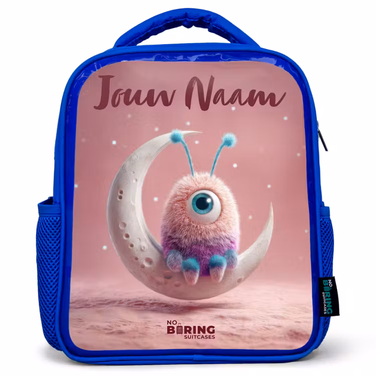 Rugzak kind met naam - Blauw Maanwip met Pluizig Wezentje — 1