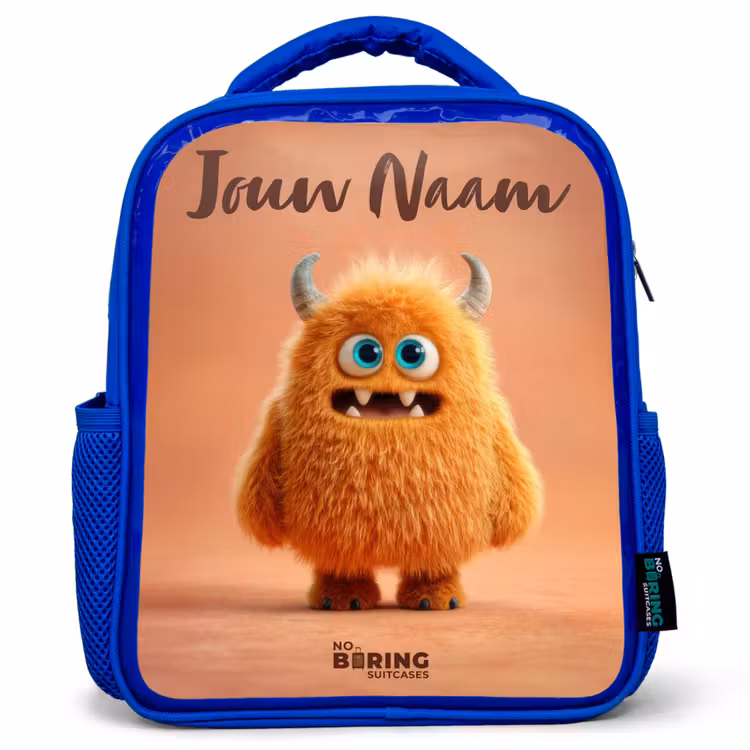 Rugzak kind met naam - Blauw Oranje Pluizig Monster met Hoorns — 1