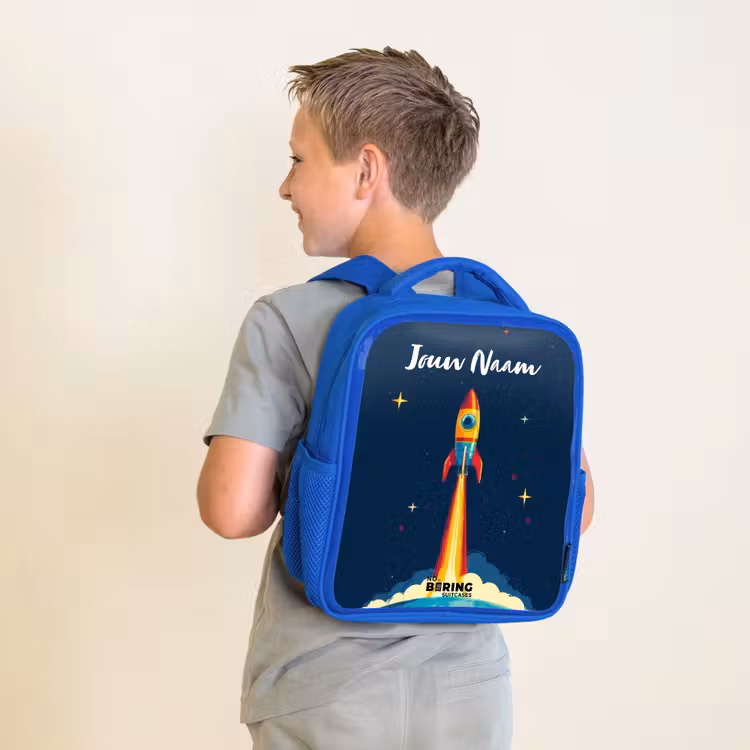 Rugzak kind met naam - Blauw Planeet - Raket - Sterren - Donkerblauw — 3