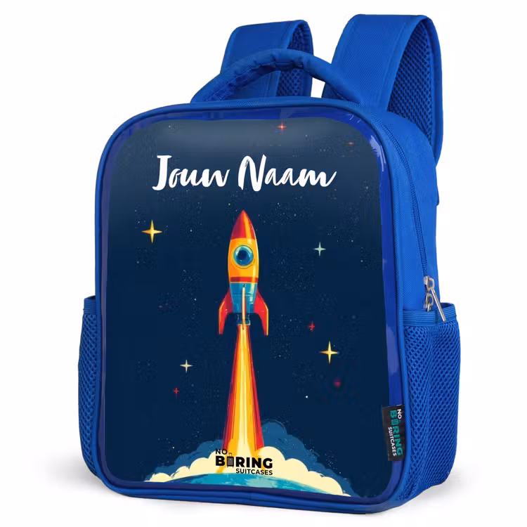 Rugzak kind met naam - Blauw Planeet - Raket - Sterren - Donkerblauw — 7