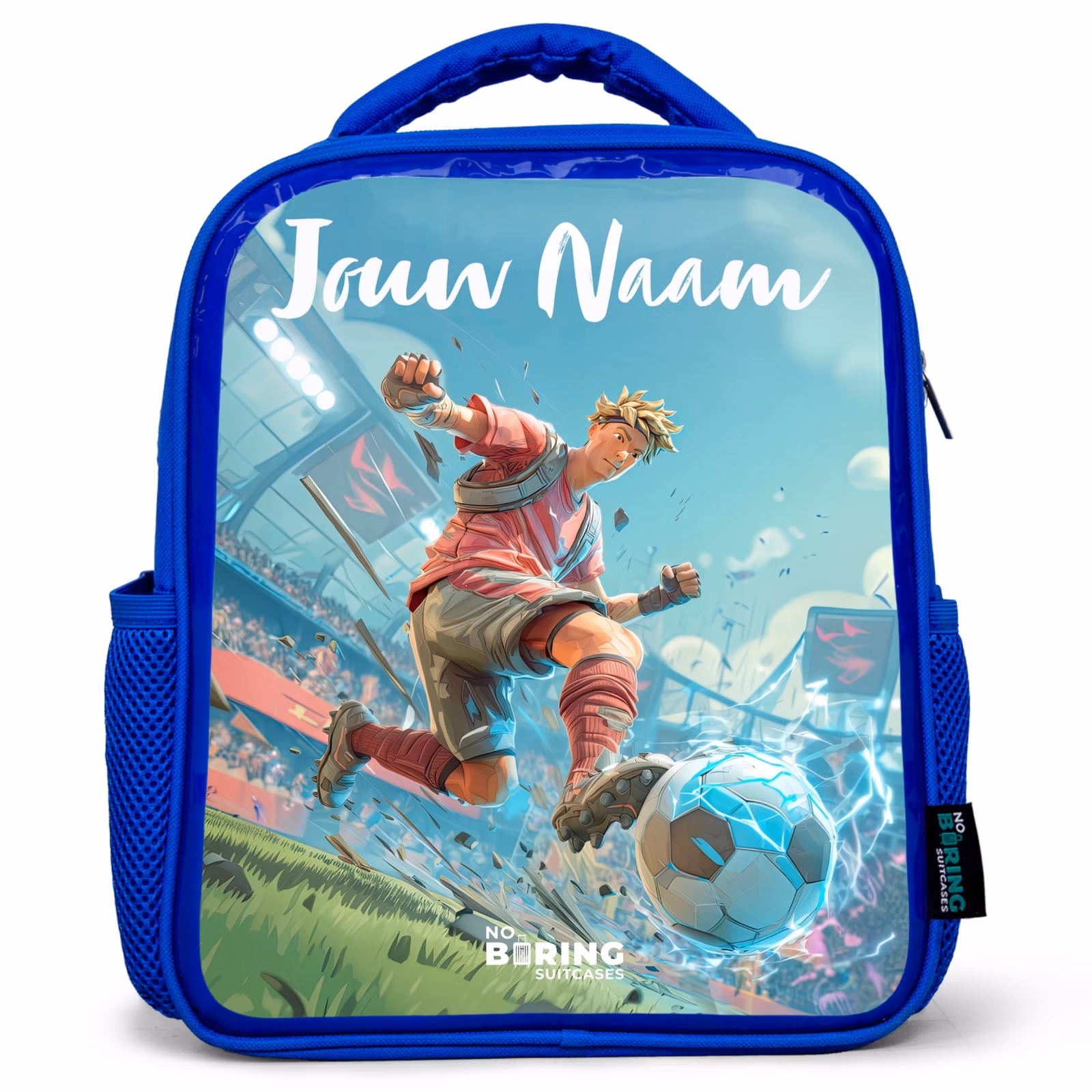 Rugzak kind met naam - Blauw Voetbal - Jongen - Stadion - Elektrisch — 1