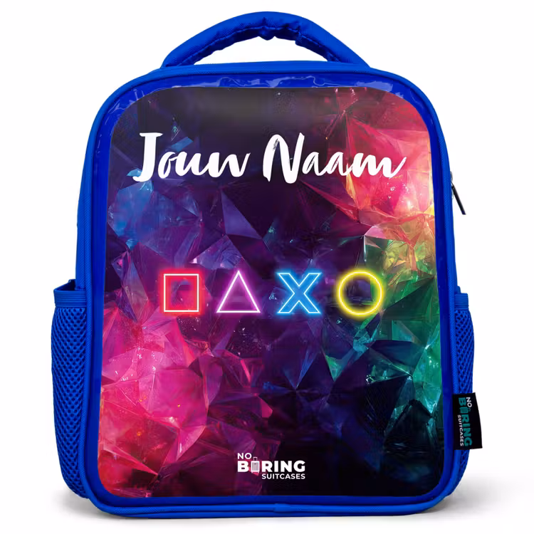Rugzak kind met naam - Blauw Symbolen - Game - Kleurrijk — 1
