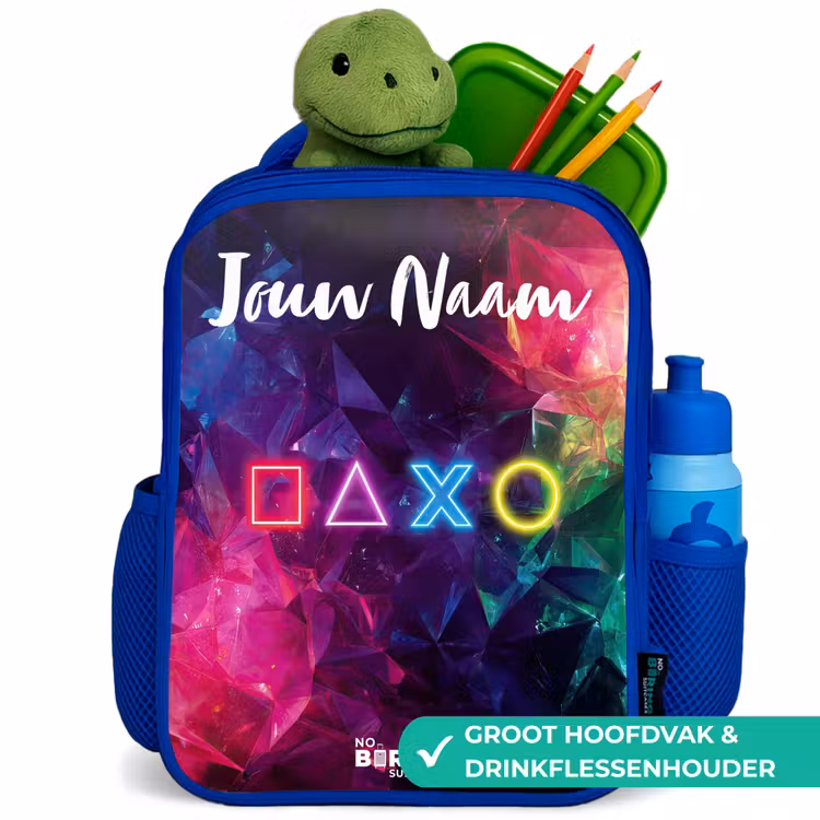 Rugzak kind met naam - Blauw Symbolen - Game - Kleurrijk — 6