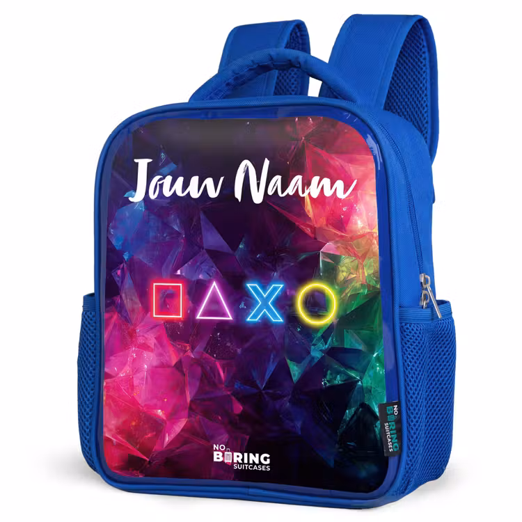 Rugzak kind met naam - Blauw Symbolen - Game - Kleurrijk — 7