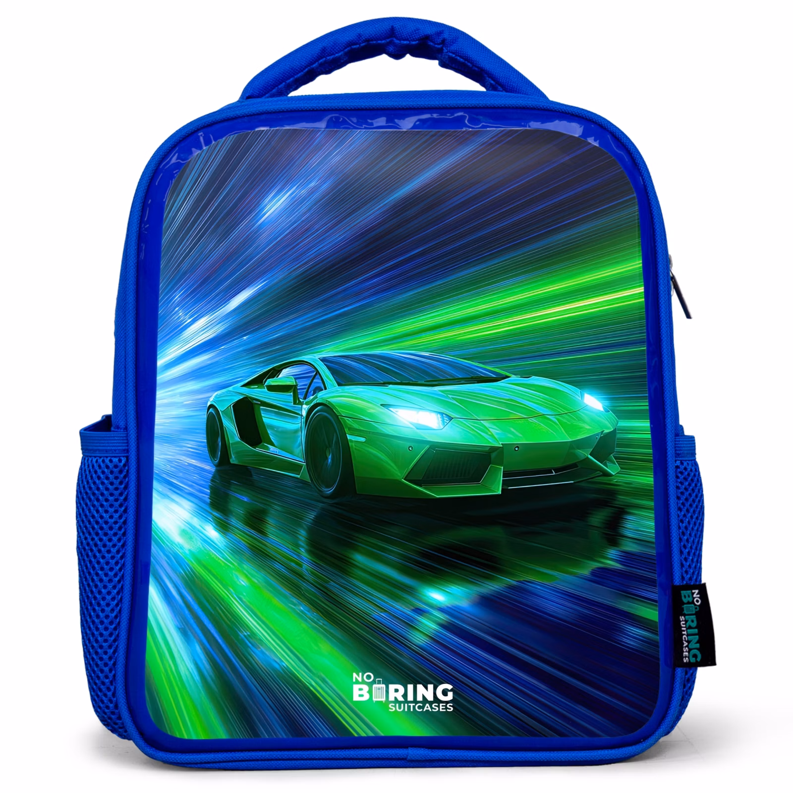 Rugzak kind met naam - Blauw Raceauto - Felgroen - Lichtstralen - Snelheid — 1