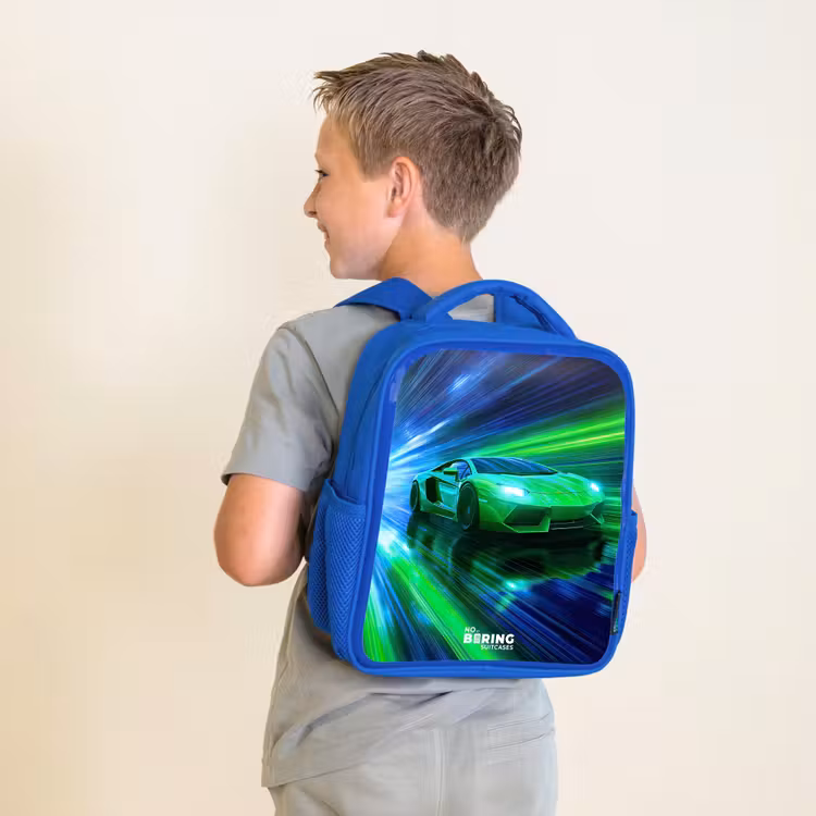 Rugzak kind met naam - Blauw Raceauto - Felgroen - Lichtstralen - Snelheid — 3