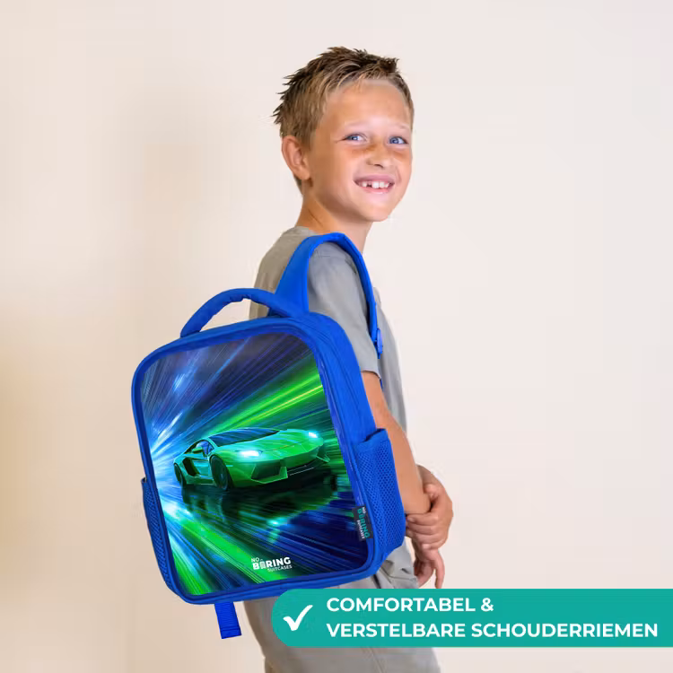 Rugzak kind met naam - Blauw Raceauto - Felgroen - Lichtstralen - Snelheid — 4