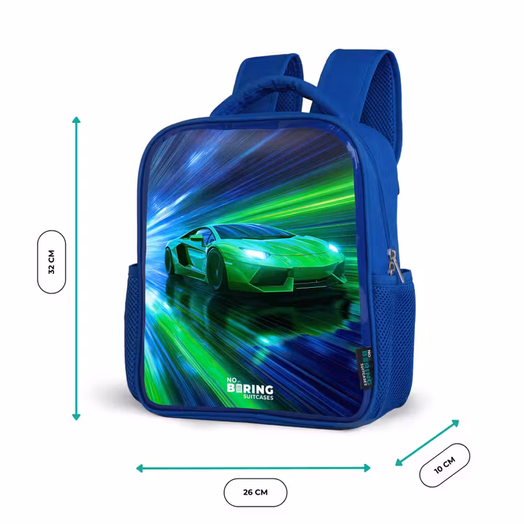 Rugzak kind met naam - Blauw Raceauto - Felgroen - Lichtstralen - Snelheid — 5