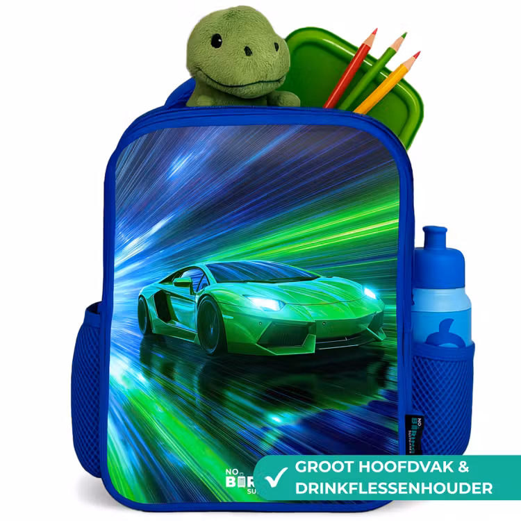 Rugzak kind met naam - Blauw Raceauto - Felgroen - Lichtstralen - Snelheid — 6