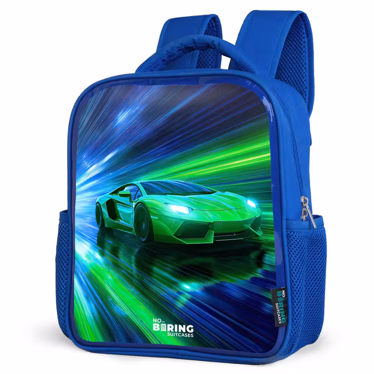 Rugzak kind met naam - Blauw Raceauto - Felgroen - Lichtstralen - Snelheid — 7