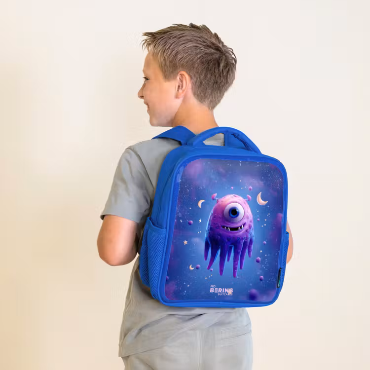 Rugzak kind met naam - Blauw Vrolijk paarsoog in de ruimte — 3