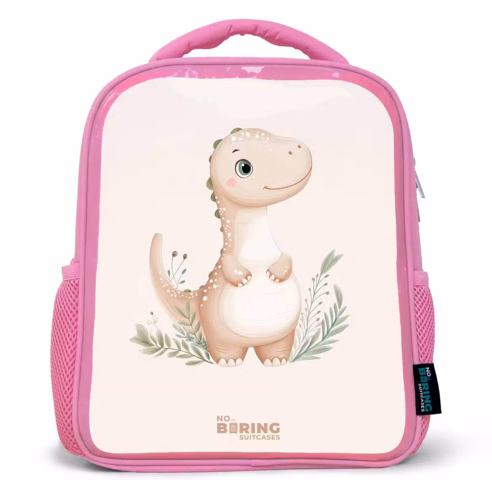 Rugzak kind - Roze - Beige dinosaurus met groene blaadjes — 1