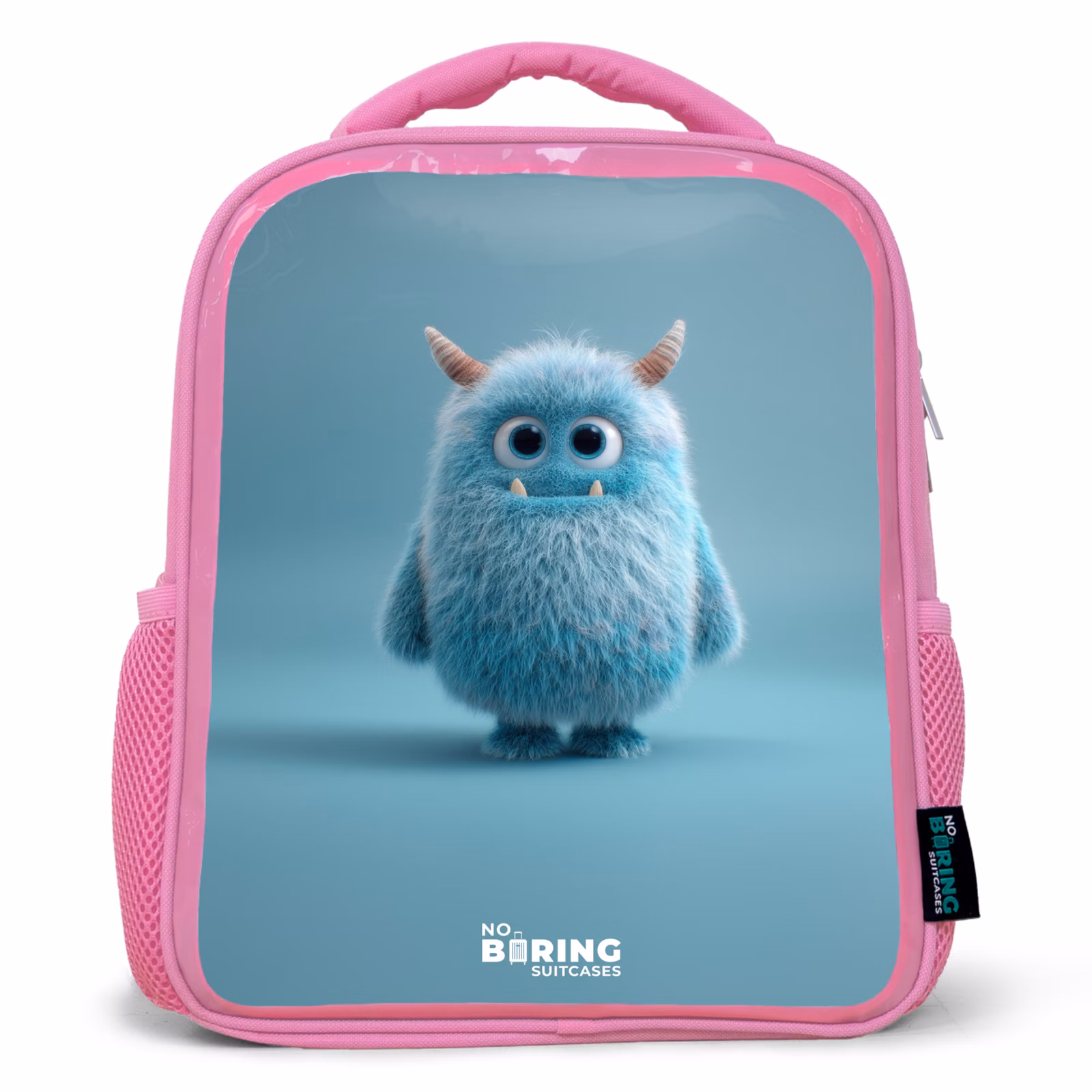 Rugzak kind met naam - Roze Blauw pluizig monster met hoorns — 1